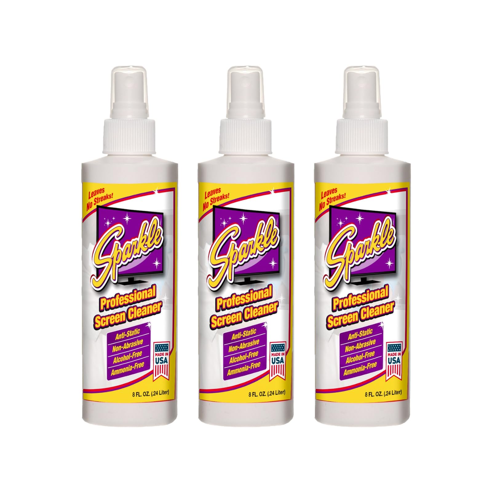 Sparkle Flat Screen & Monitor Cleaner Spray, Ammonia-Free, Alcohol-Free, Anti-Static & Non-Abrasive, Leaves No Streaks, 8 FL OZ Spray Bottle (Pack of