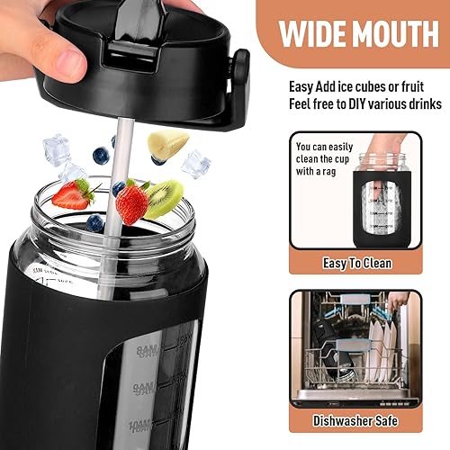 Miniatura 4 de kytffu Vaso de vidrio de 32 onzas con popote y tapa, taza de café helado reutilizable con asa y funda de silicona, botellas de agua motivacionales