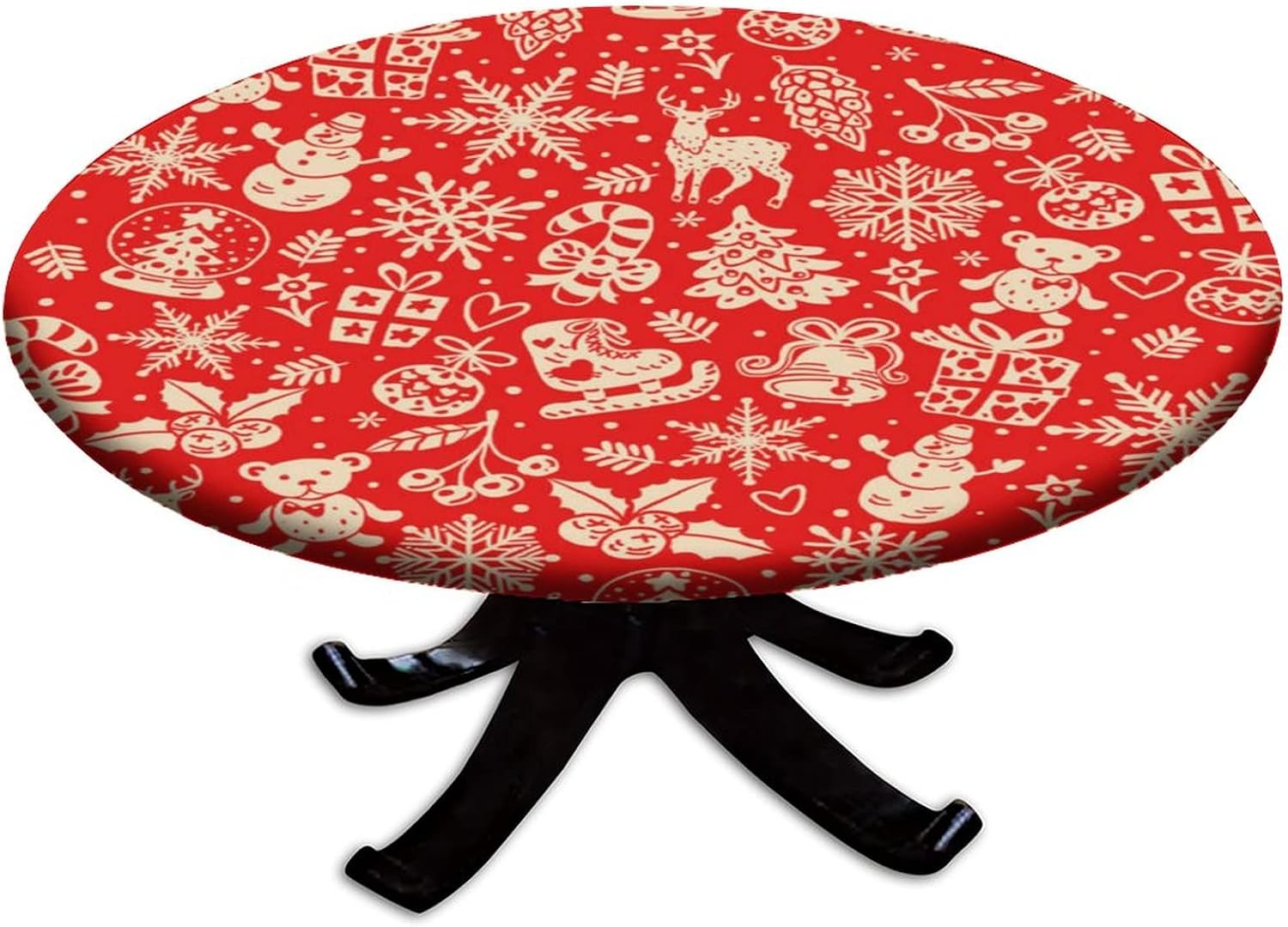 Green Sage Red Rose Flower Fitted Tablecloth Round, Pink Wildflowers Elastic Edge Table Cover, Washable Spill Proof Table Cloth for Kitchen Dining Party,Fits Tables up to 44" Diameter