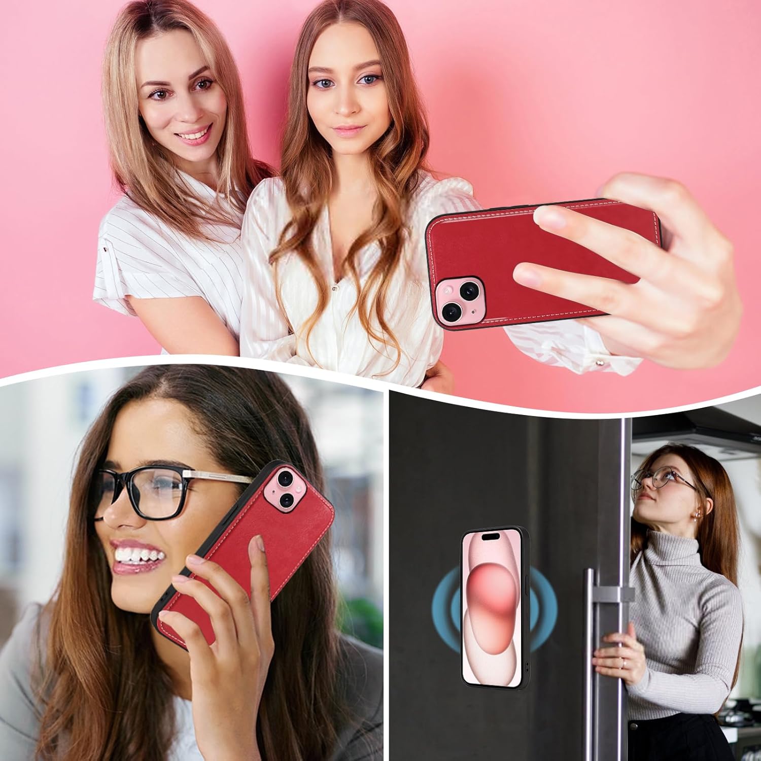 Asuwish Phone Case for iPhone 15 6.1 inch Zipper Wallet Detachable Cell Cover with Tempered Glass Screen Protector Crossbody Wrist Strap Mandala Flower Card Holder i Phone15 i15 15Case Women Men Red