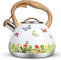 Vista 1 de Tetera de cocina, Toptier Tetera silbante con mango de patrón de madera y silbato fuerte, tetera de acero inoxidable de grado alimenticio