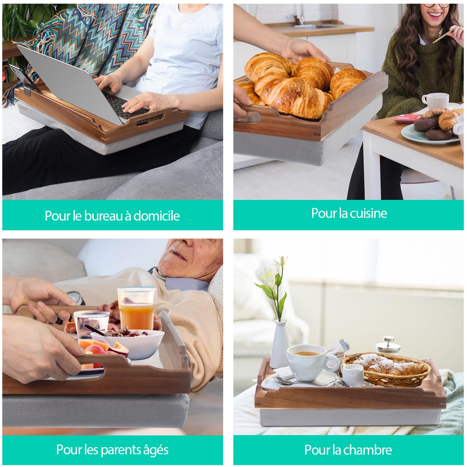 DRELIFAM Plateau Repas lit avec Coussin de Service Bois Petit Dejeuner