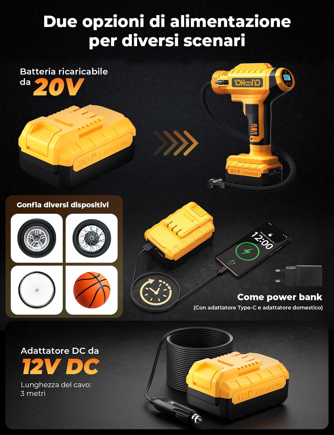 YOHOOLYO Compressore Aria Portatile per Pneumatici 150PSI Manometro Digitale LCD, luci a LED, Adatta per Auto,Biciclette, Moto e Palloncini