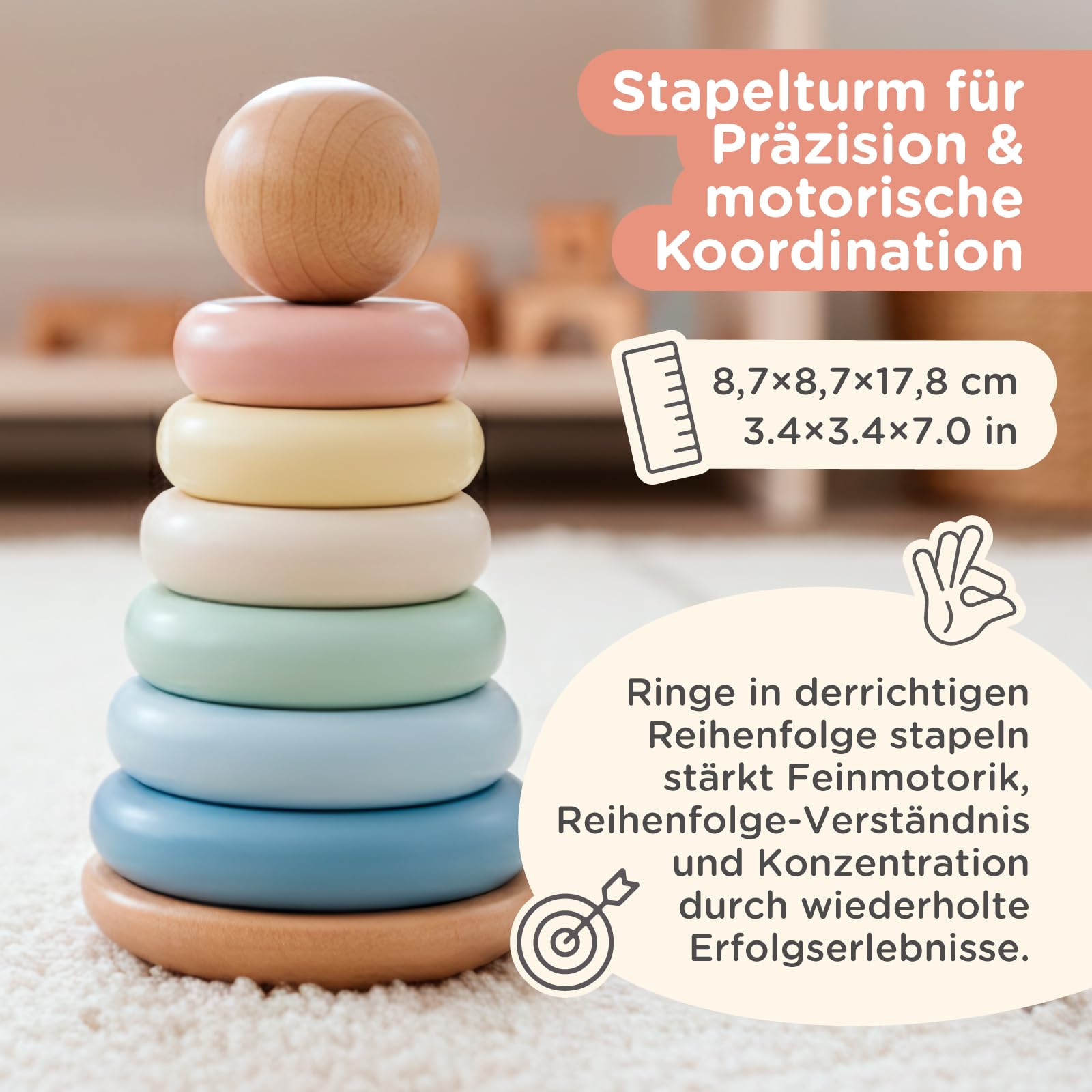 Nene Toys Montessori Holzspielzeug ab 1 Jahr – FSC 3-in-1 Regenbogen, Stapelturm & Sortier-Steckspiel – Motorikspielzeug Kleinkinder 1–3 Jahre – Lernspielzeug Geschenk Jungen Mädchen – Pastellfarben