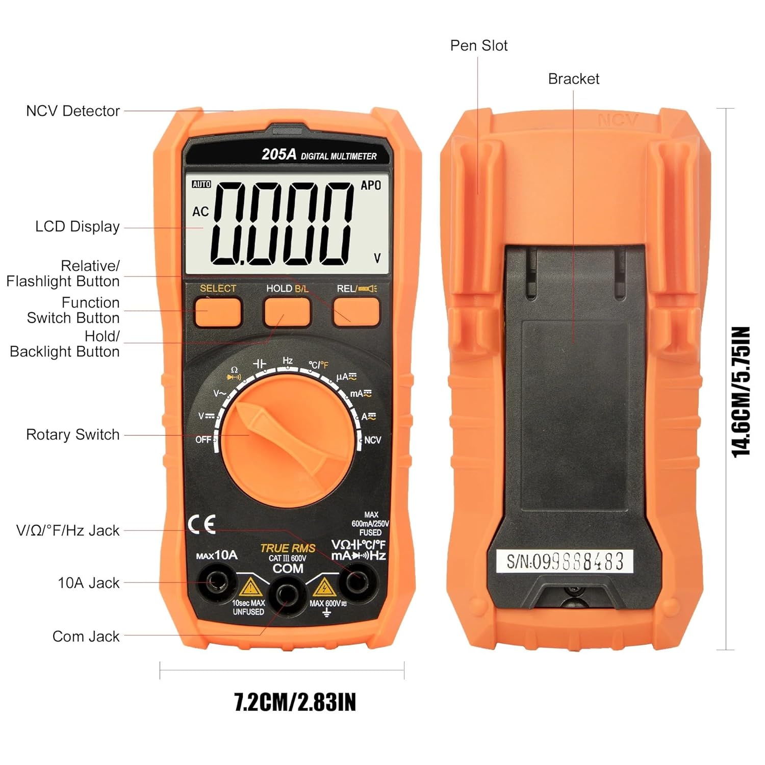 Digital Multimeter Tester AC/DC Current Voltage Meter 6000 Counts Ohm Amp Meter Auto-Ranging Fast Tester 205A