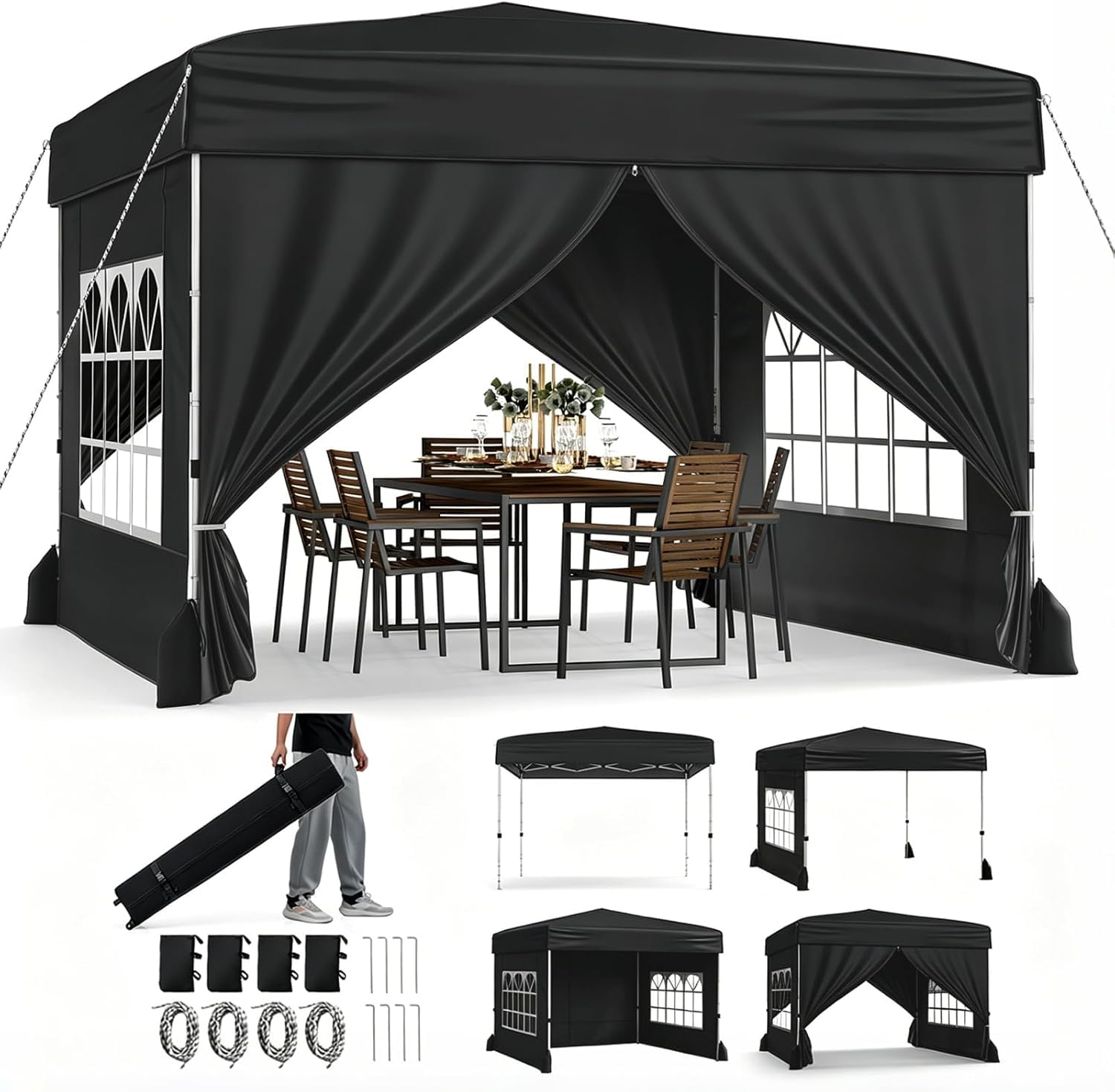 GOPLUS Tonnelle de Jardin Pliante 3x3m, Barnum Pliant Imperméable & Anti-UV, Tente de Réception Pop-Up avec 4 Parois Amovibles, Gazebo Portable avec Sac à roulettes pour Marché, Camping, Fêtes (Noir)