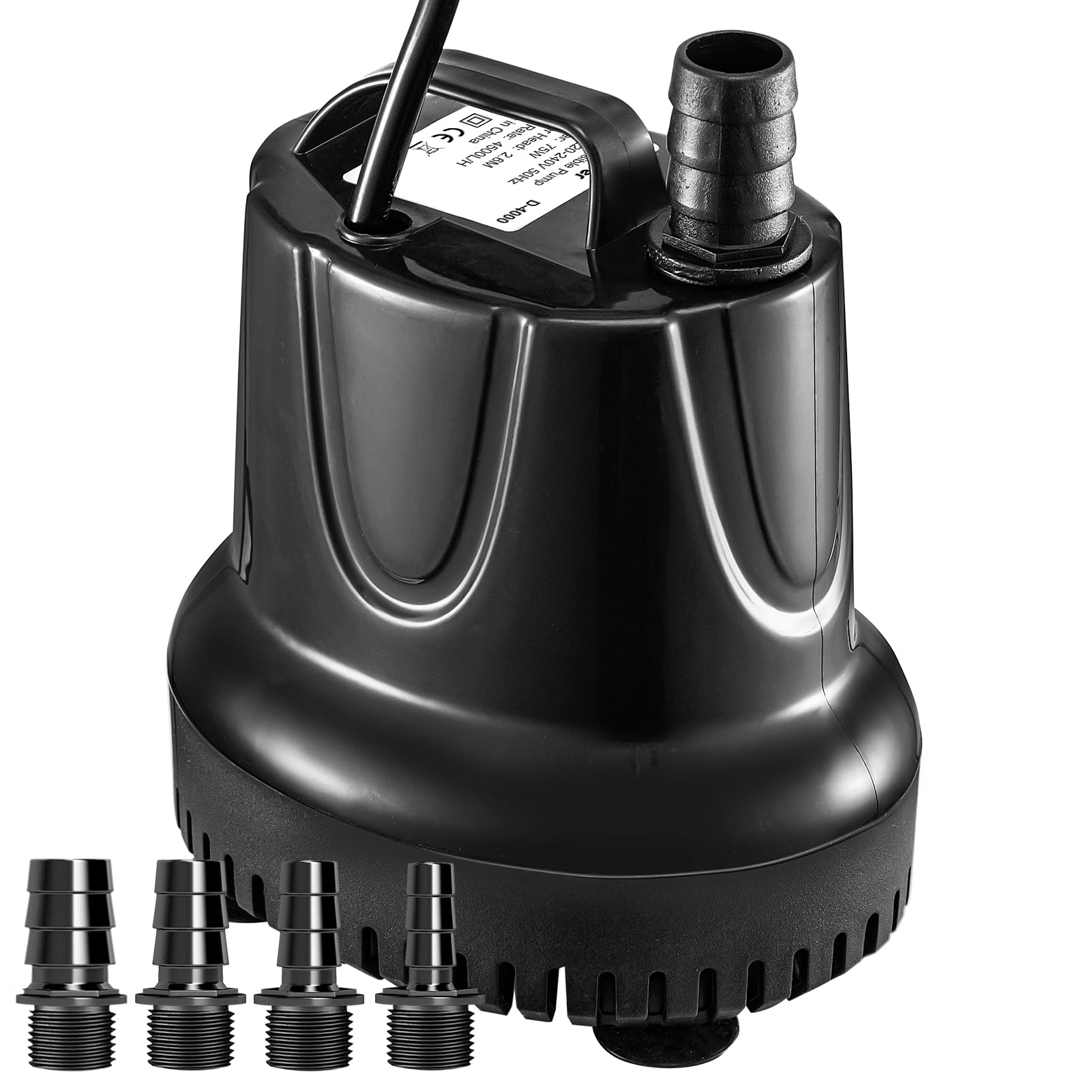 GROWNEER Submersible Water Pump 75W 4500L/H, Ultra Quiet Aquarium Pump with 4 Nozzles for Pond, Fountains, Fish Tank, Statuary and Hydroponic Height Lift 2.6m