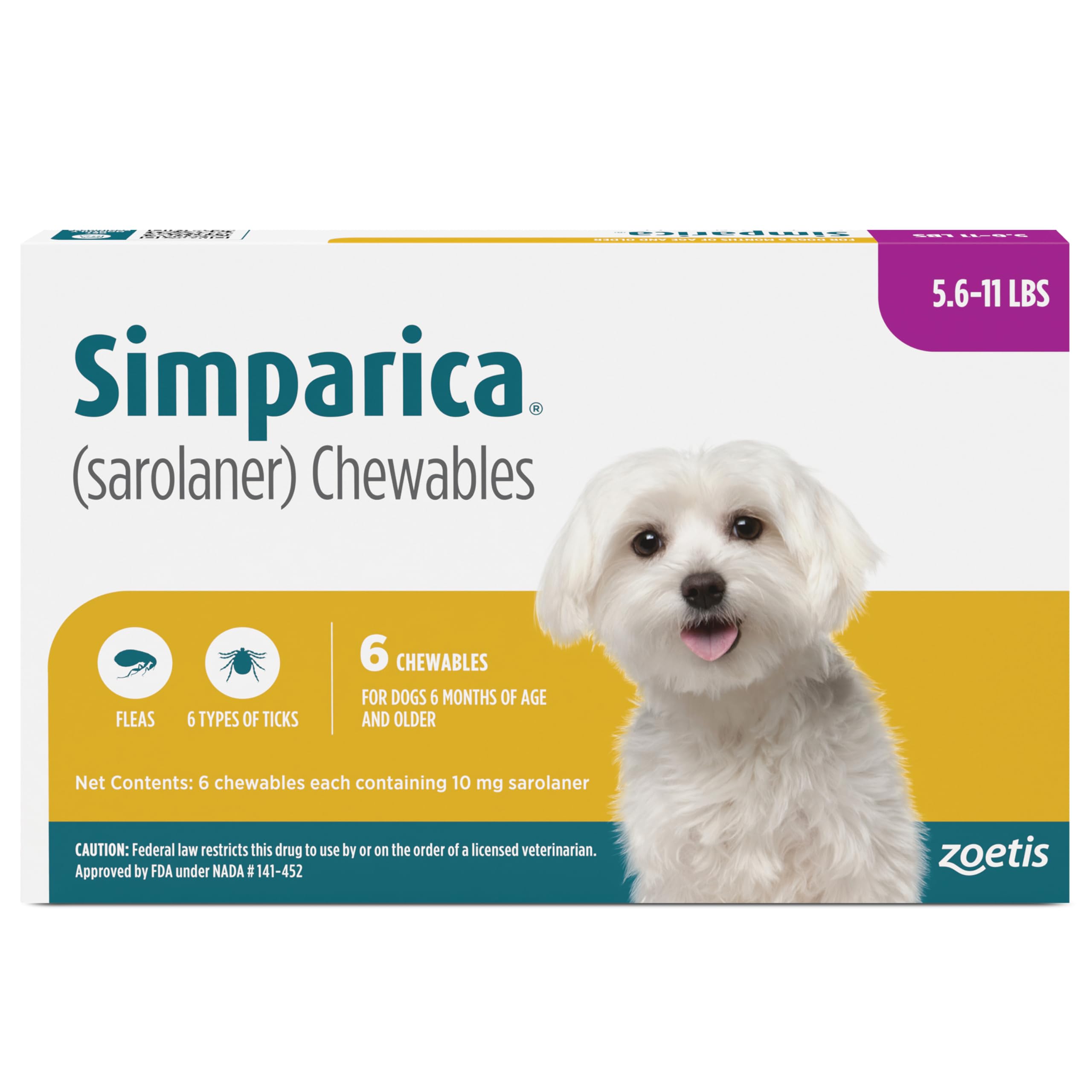 Simparica (sarolaner) Chewables for Dogs, 10 mg/tab, 5.6-11 lbs (Purple), 6 Tablets