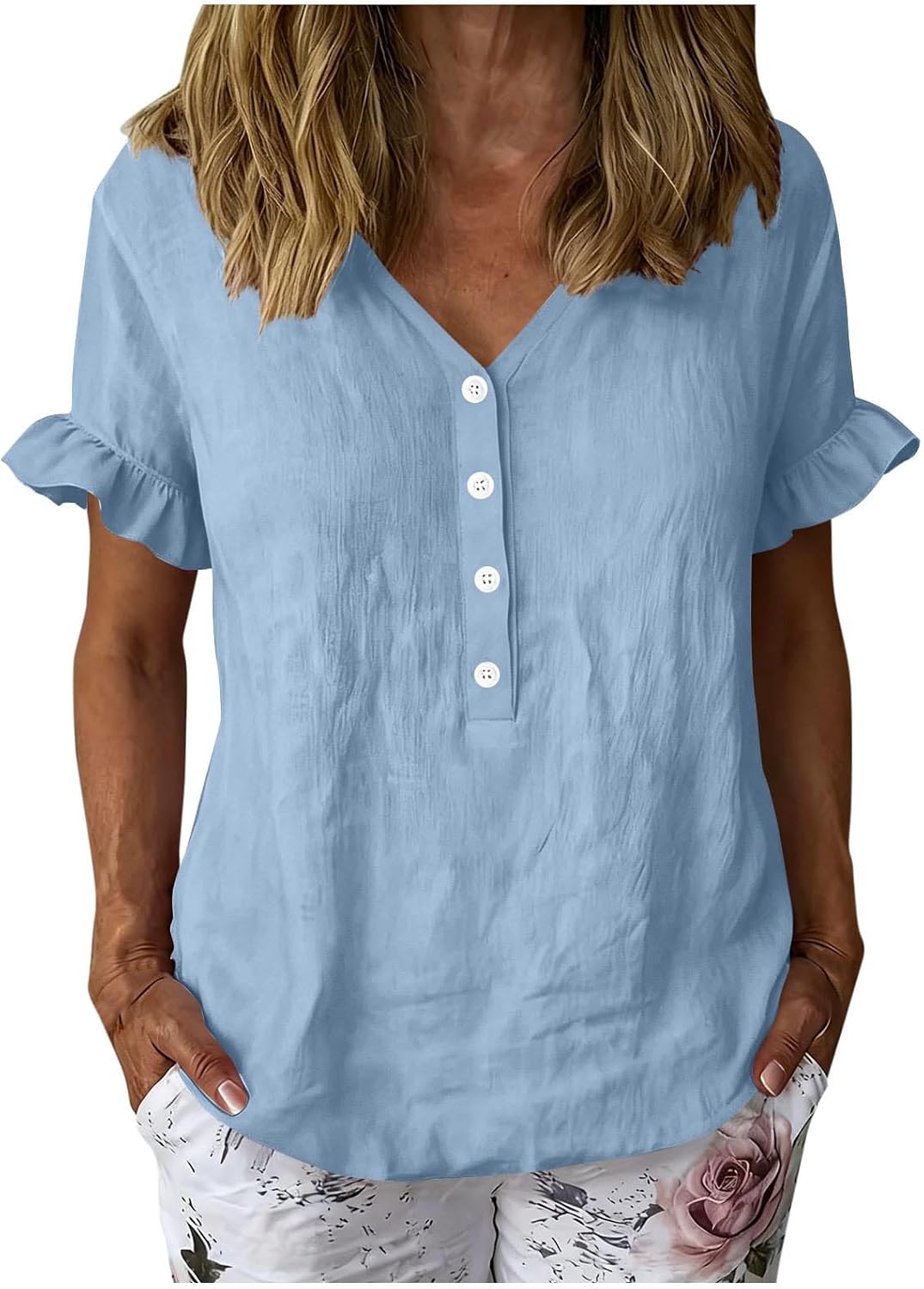 Short Sleeve V Neck T Shirts for Women Summer Ruffle Business Casual Dressy Tops Henley Loose Basic Spring Outfits