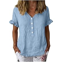 Cotton Tops for Women V Neck Henley Blouses Ruffle Sleeve Loose Fit Summer Shirts Vacation Brunch Travel Wear