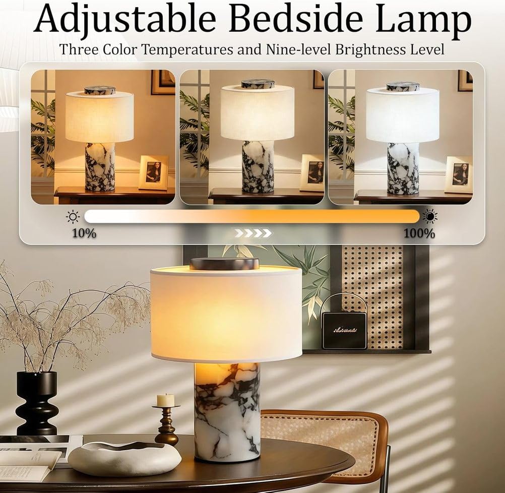 Marble Tischleuchte Luxus Touch Dimmbar Nachttischlampe Akku Tischlampe Kabellos USB-C Aufladbare Stoff Lampenschirm aus Leinen Marble Lamp 3 Farbtemperaturen für Schlafzimmer Restaurant Geschenk