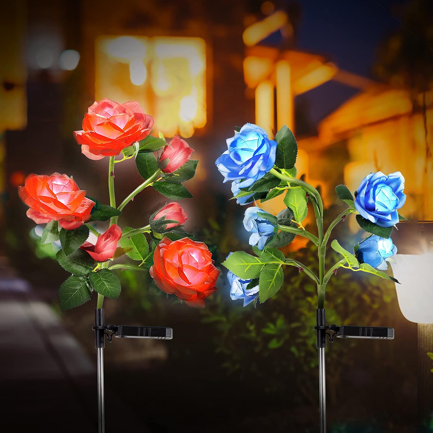 Pussan Solar Flower Lights Outdoor Garden Lights Solar Powered Waterproof Garden Stakes Decorative 12 Rose Flower 2 Pack Charging LED Patio Lights Garden Decor for Outside (Blue and Red)