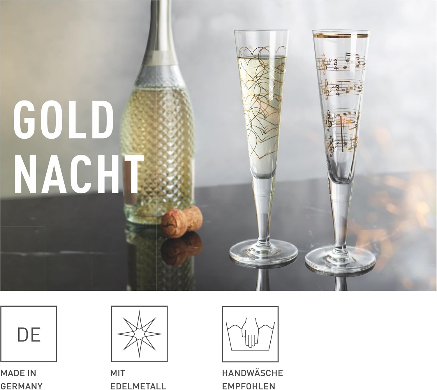 RITZENHOFF 6031006 Champagne Glass 200 ml - Goldnacht Duett Best of 2022 Series, Pack of 2 with Real Gold - Made in Germany