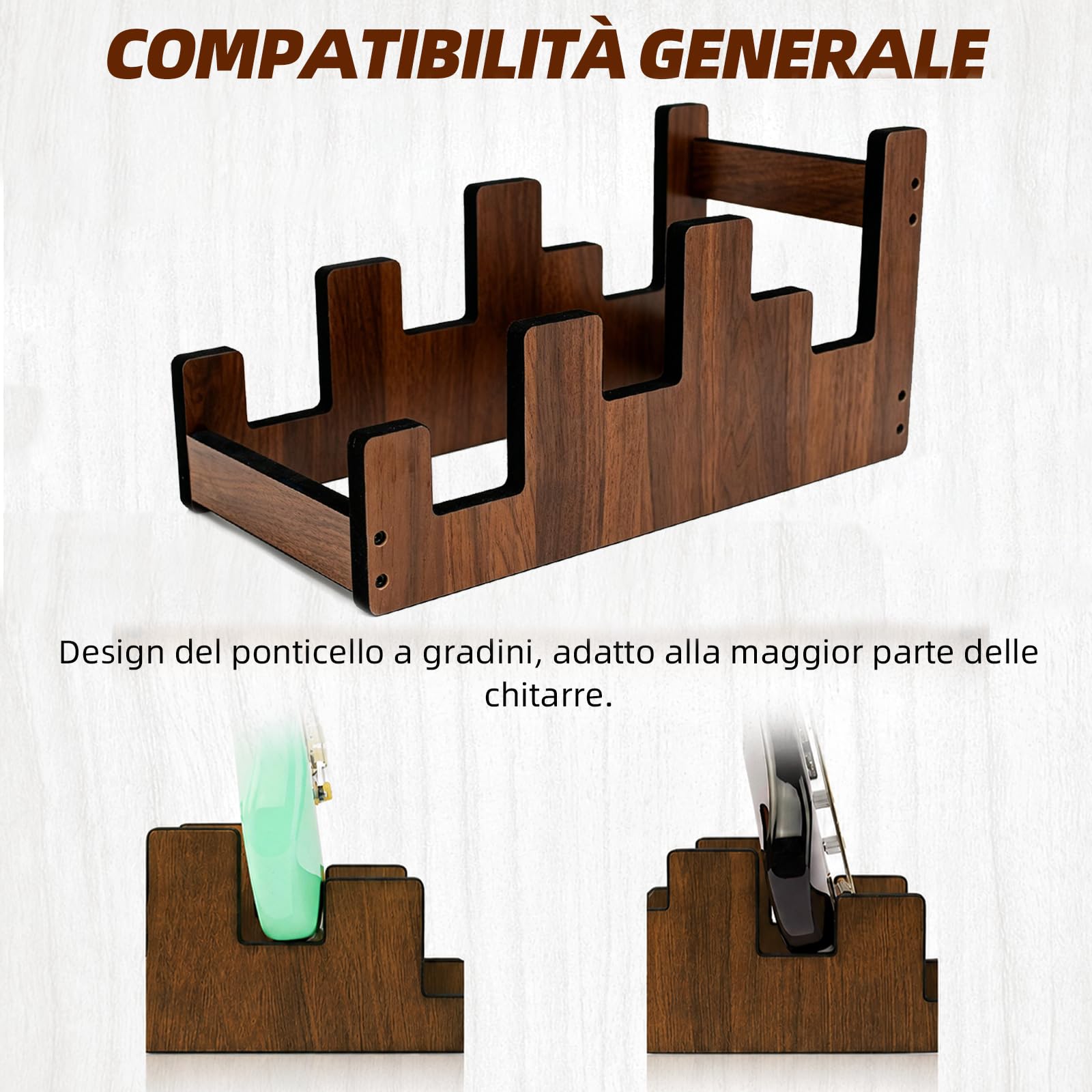 Supporto per chitarra in legno per 2 chitarre elettriche + 1 acustica | Legno massello, livelli scalati, ampia rientranza per chitarra acustica, imbottitura, antiscivolo, risparmio spazio
