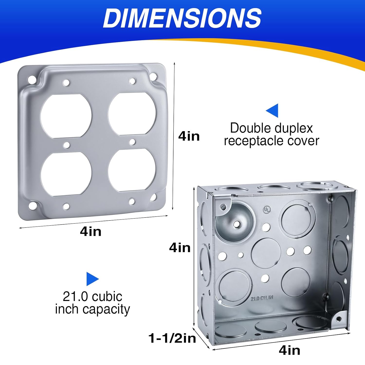 Electrical Outlet Box Kit with 4x4 Welded Metal Electrical Box, 2 Tamper Resistant 20 Amp Duplex Receptacle Outlets, Duplex Receptacle Cover, Pigtail Grounding Wire and Screws