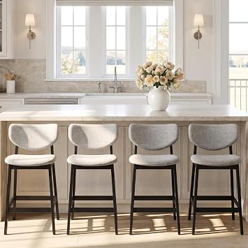 Ya-Home Modern Bar Stools Set of 4, 26 Inch Counter Height Linen Fabric Stools Bar Chairs with Backrest Black Wooden Legs for Kitchen Island Dining Room, Grey