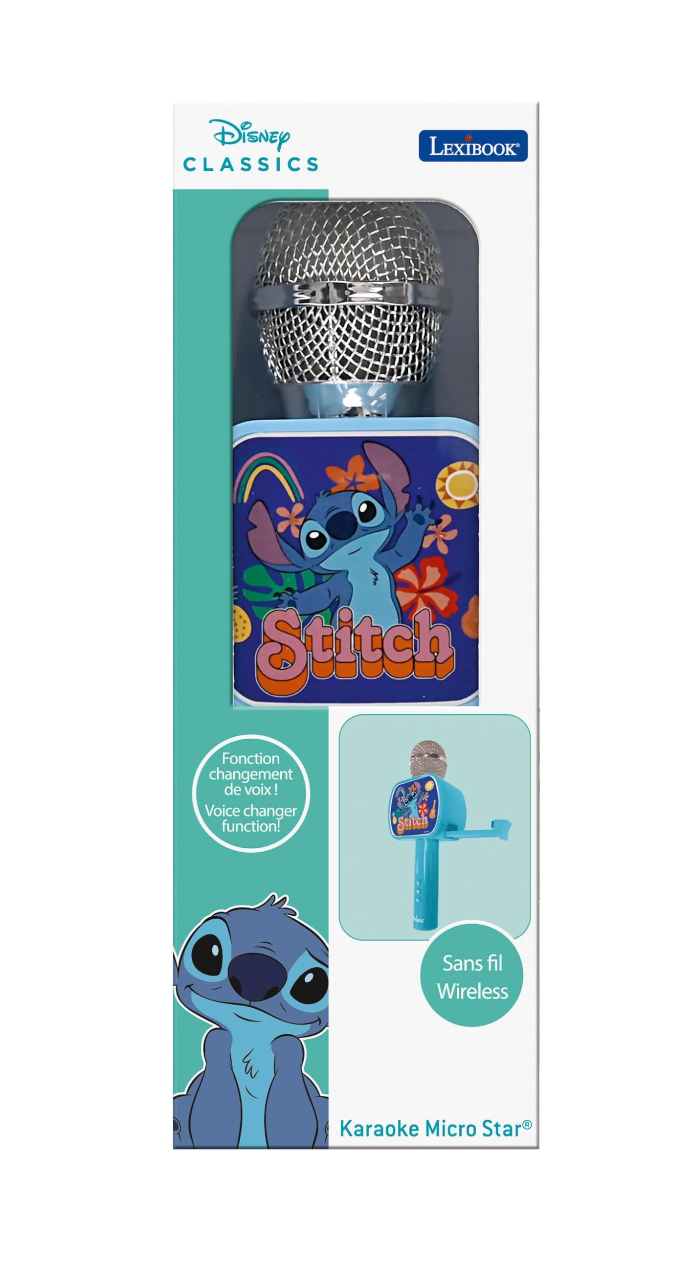 Lexibook, Disney Stitch, mikrofon Bluetooth z funkcją zmiany głosu, wbudowany głośnik, uchwyt na telefon, niebieski, MIC240DLXB
