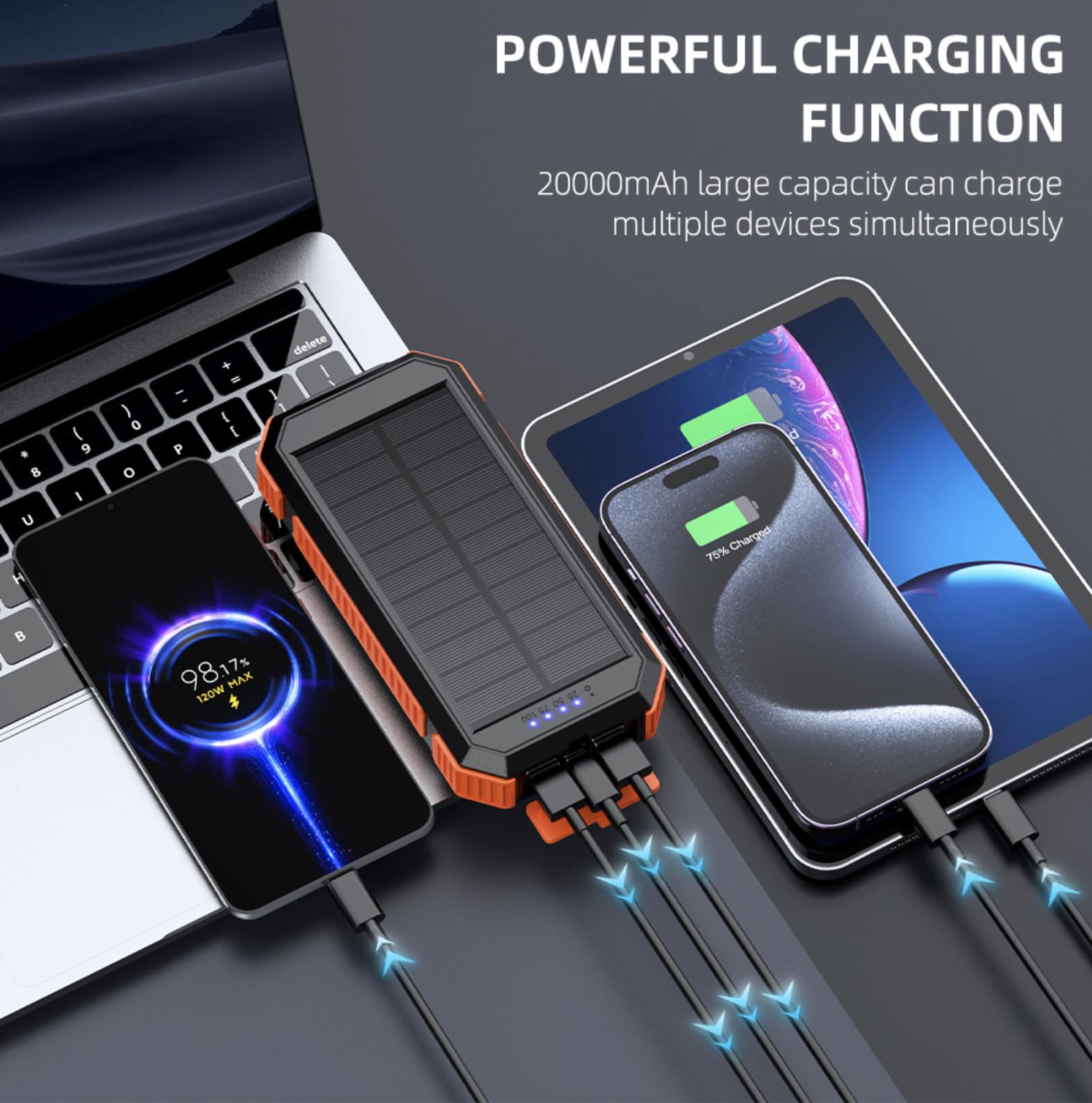 Power Bank Solar 20 000 mAh avec charge sans fil – Batterie externe étanche avec panneau solaire, charge rapide USB et USB-C, lampe torche et boussole – Chargeur portable pour iPhone, Samsung
