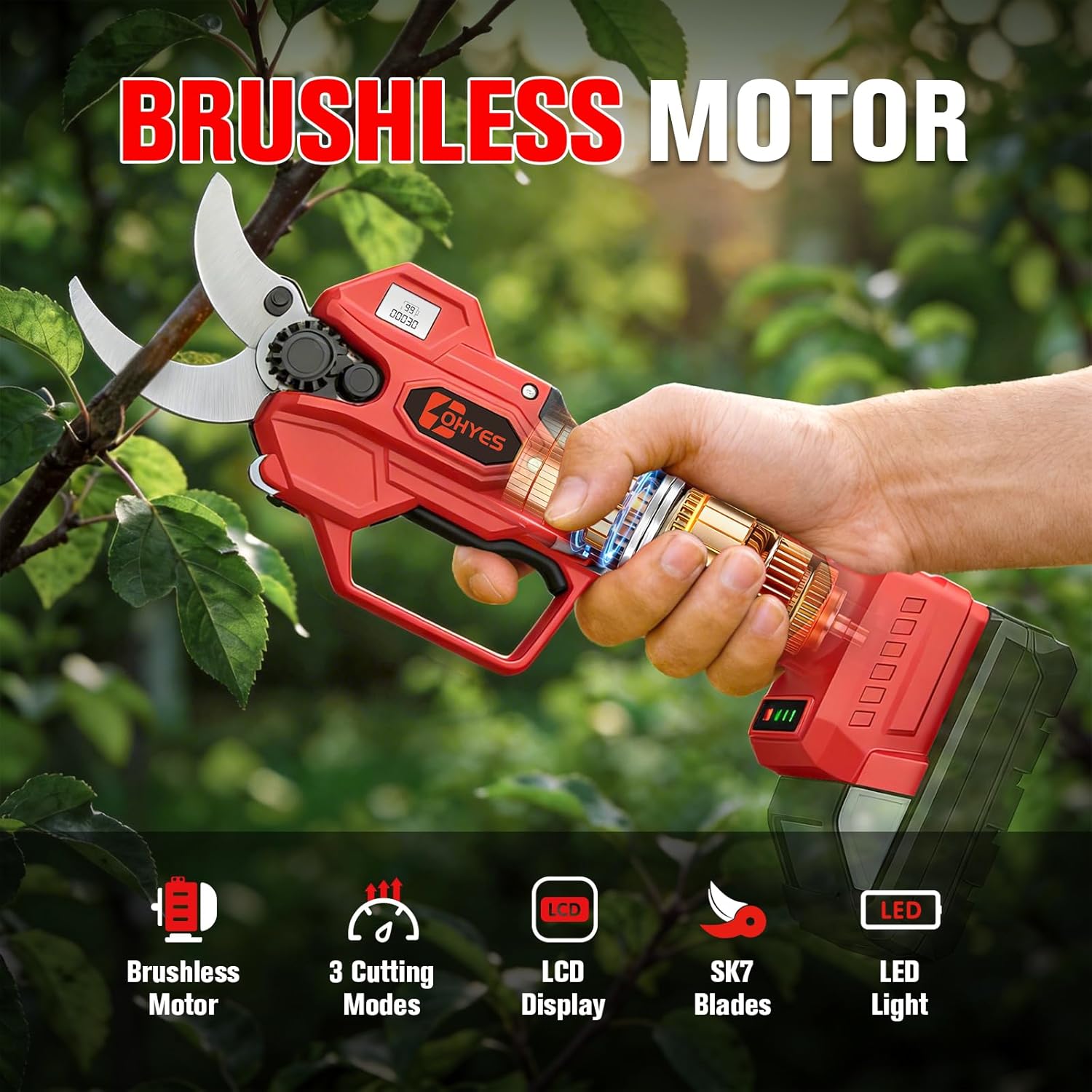 ohyes Pruning Shears Max 1.6IN Cutting Diameter Compatible with Milwaukee 18V Battery Packs with LCD Display SK7 Blade ohyes For Gardening & Tree Pruning(Battery not included)