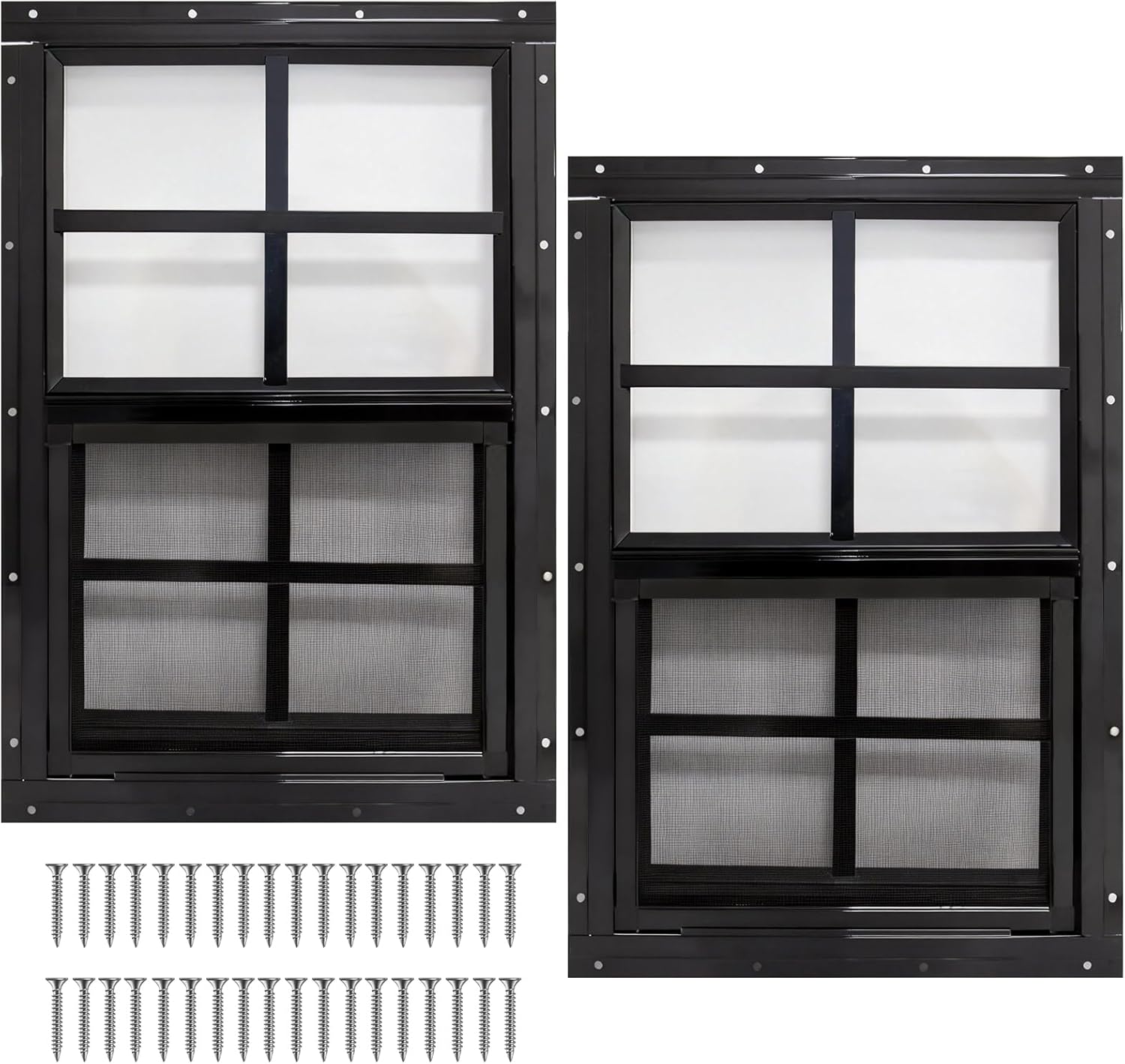 Yuzzy Shed Windows 2 Pack, Chicken Coop Windows 24" x 30" with Tempered Glass and Fiberglass Screen, Flush Mounted Small Window for Shed, Barns, Playhouse, Household, Garage (Black)