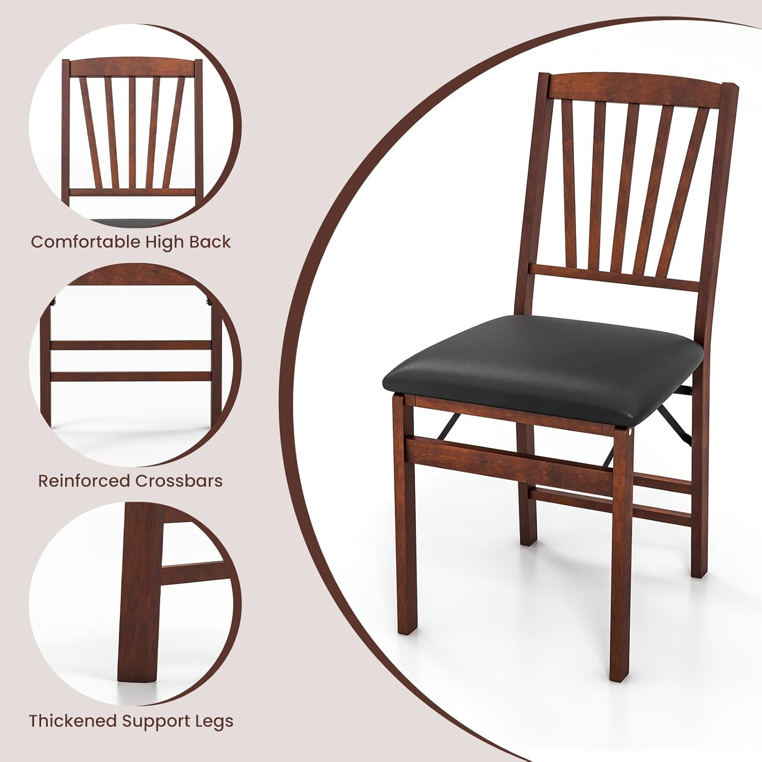 Folding Dining Chairs Set of 2, Padded Folding Chair w/High Backrest, Rubber Wood Frame, Upholstered Foldable Kitchen Chiars for Apartment, Office (4)