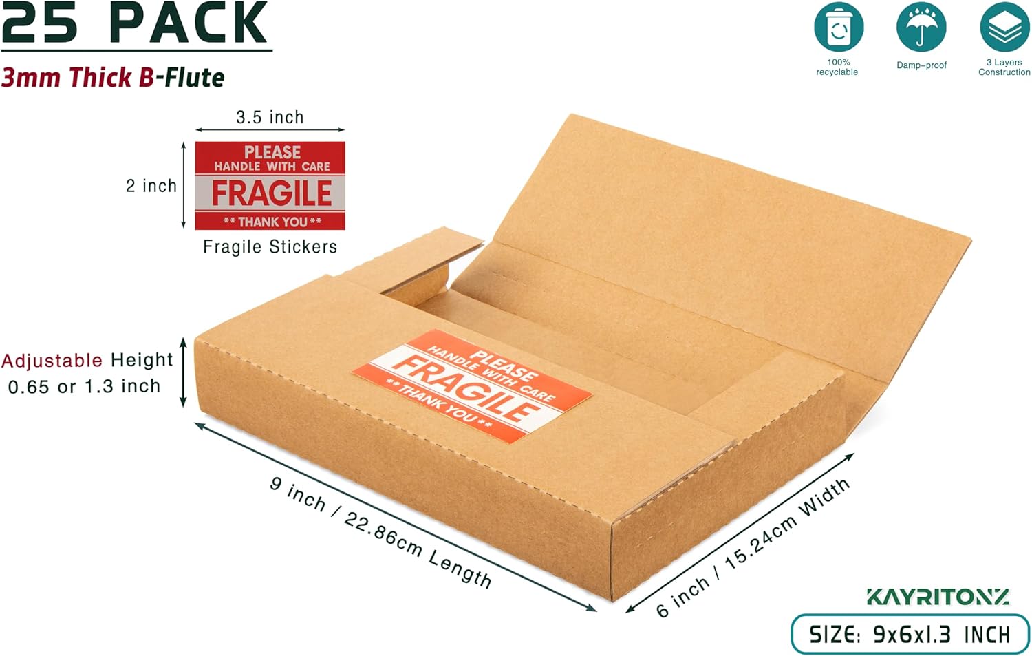 9x6x1.3 inch Corrugated Cardboard Boxes, Multi-Depth CD DVD Shipping Boxes with Fragile Stickers for Mailing, Storing, Packaging, Brown, 25 Pack