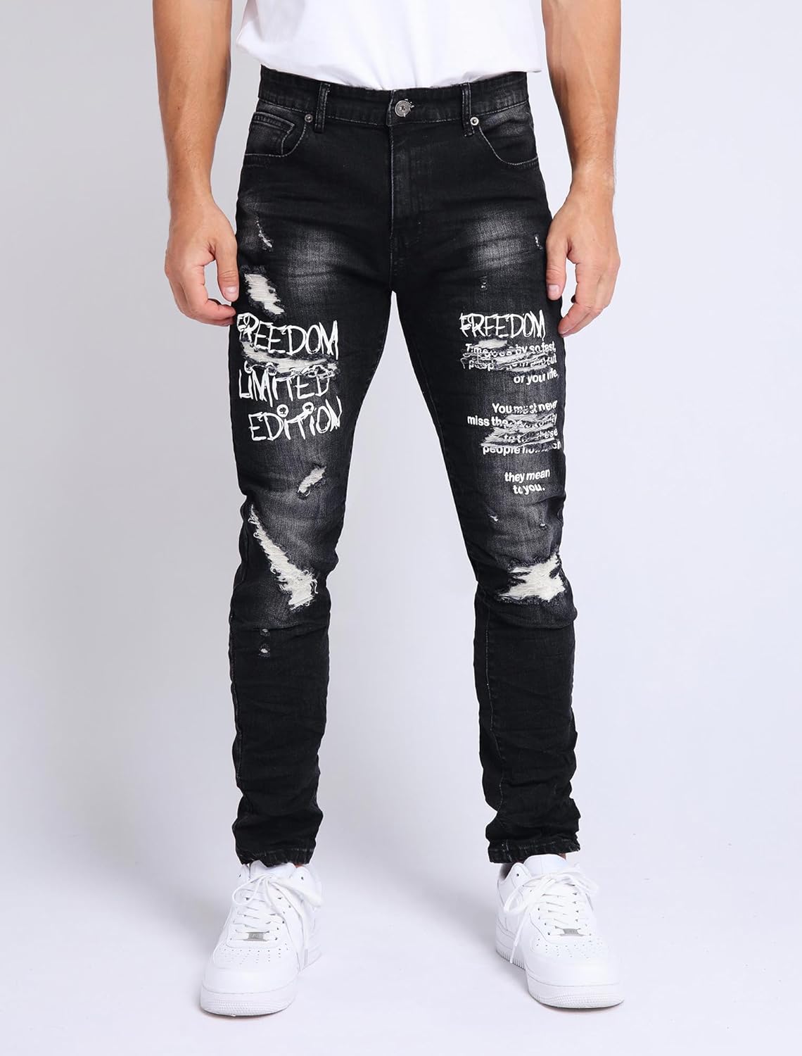 LOGEQI Men's Slim Fit Jeans Skinny Stretch Ripped Jeans Streetwear Distressed Destoryed Denim Pants