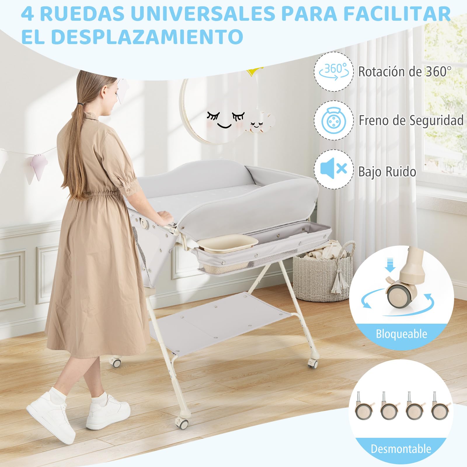 COSTWAY Cambiador de Pañales Plegable para Niños, Cubículo Cambio Pañales con Almacenaje, Ruedas Extraíbles y Bloqueables,Organizador Móvil para Bebé y Niño (Gris)