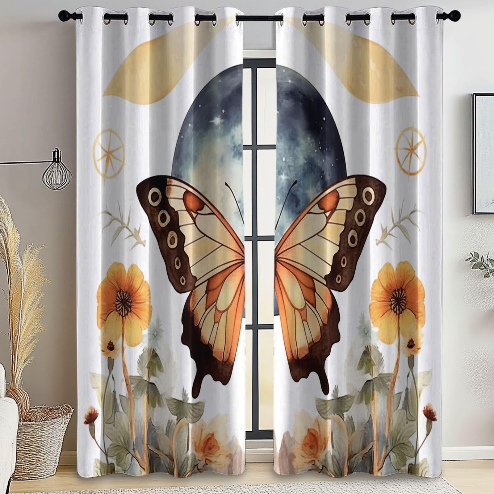 100% poliester, zasłony zaciemniające akwarelowe motyle księżyc 110 L x 215 H cm (2 panele) blokowanie oczek światło anty-UV do salonu sypialni, biała
