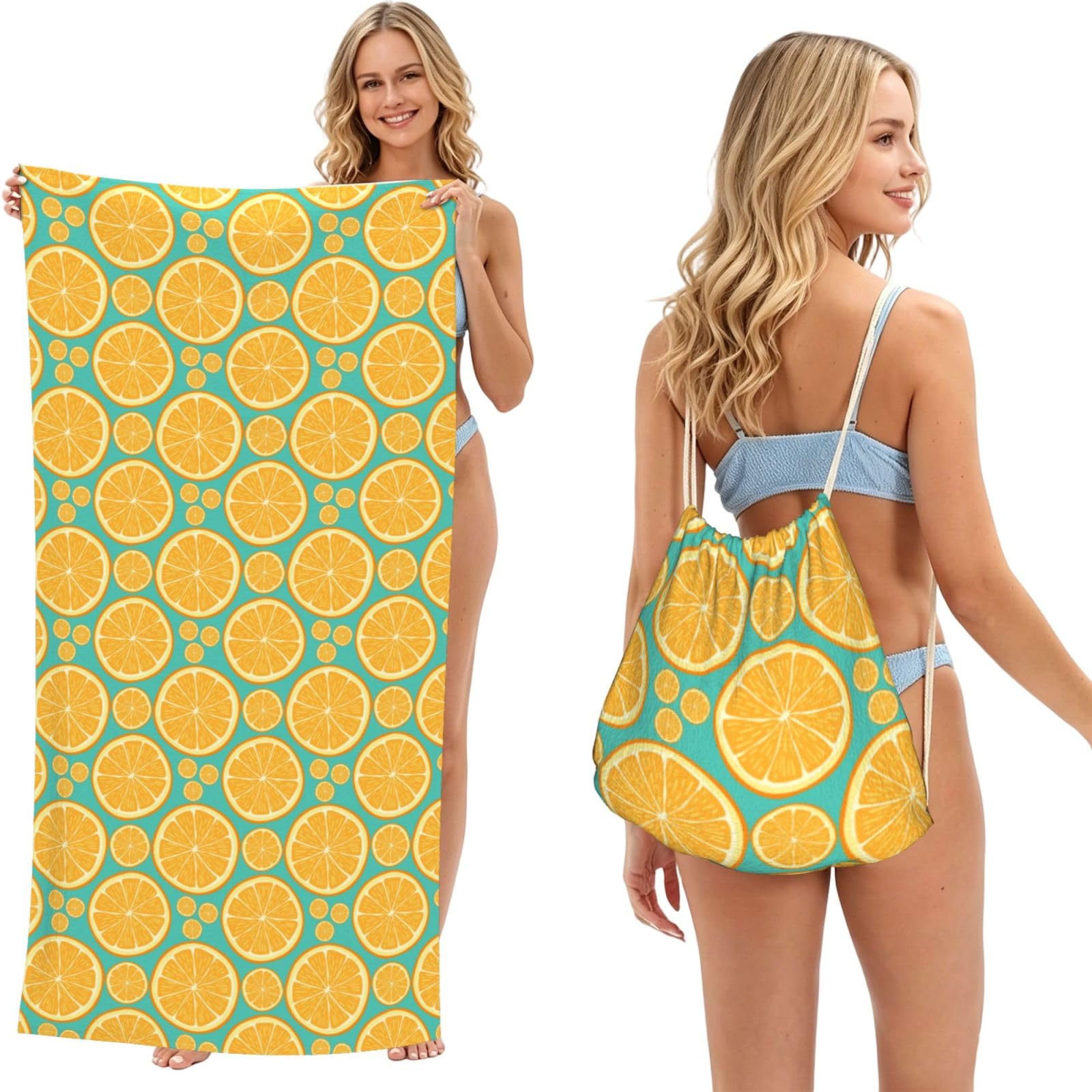 ESNAIUVCD Lemon Fruit Print Beach Towel For Adults,Towel With Drawstring Bag, Travel Pool Swimming Sports Shower Sand Free Quick Dry Bath Towel For Pool, Beach, Yoga- 180x60cm