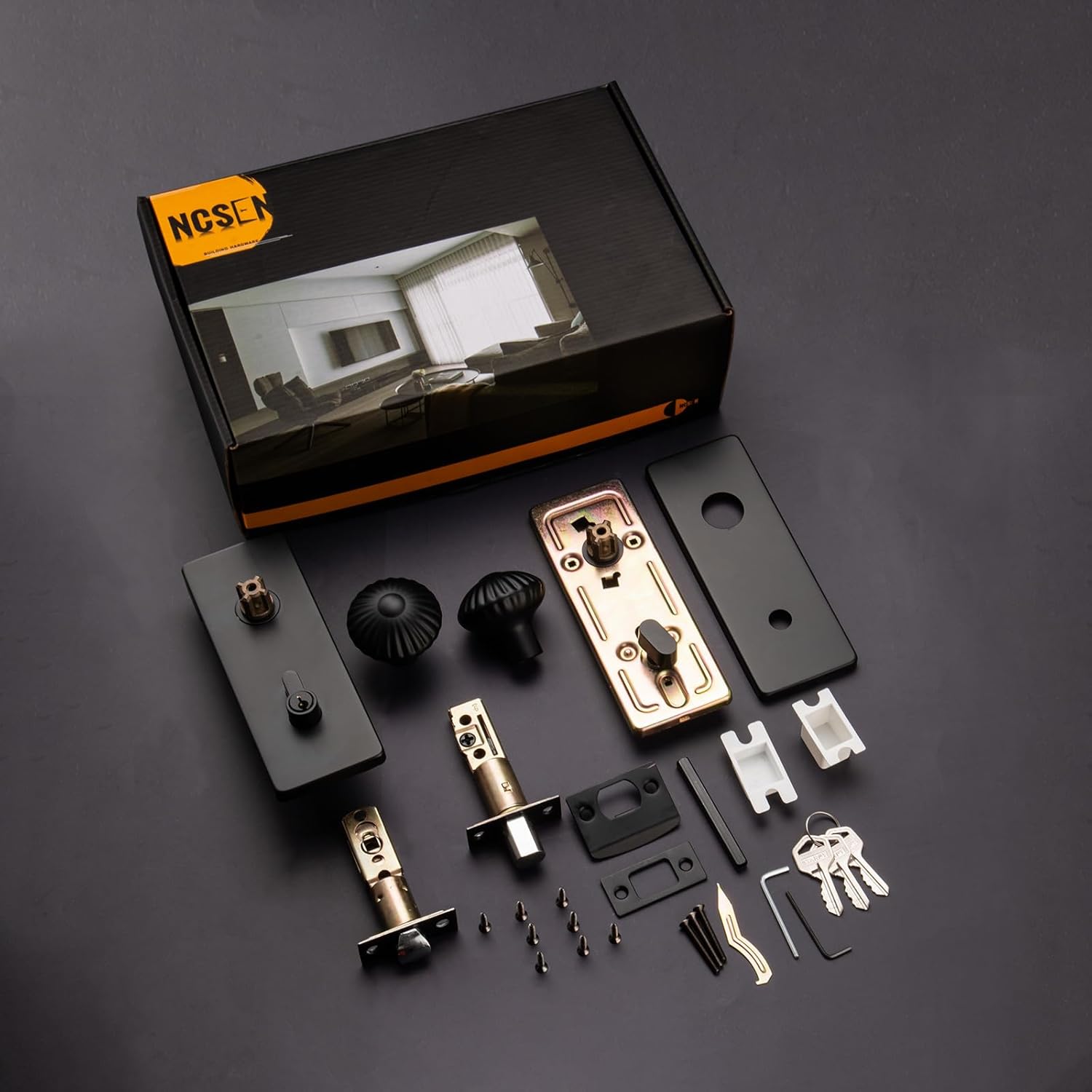 Black Door Knob with Lock,Exterior Door Lock Set with Deadbolt, Seashell Knob Front Door Handle