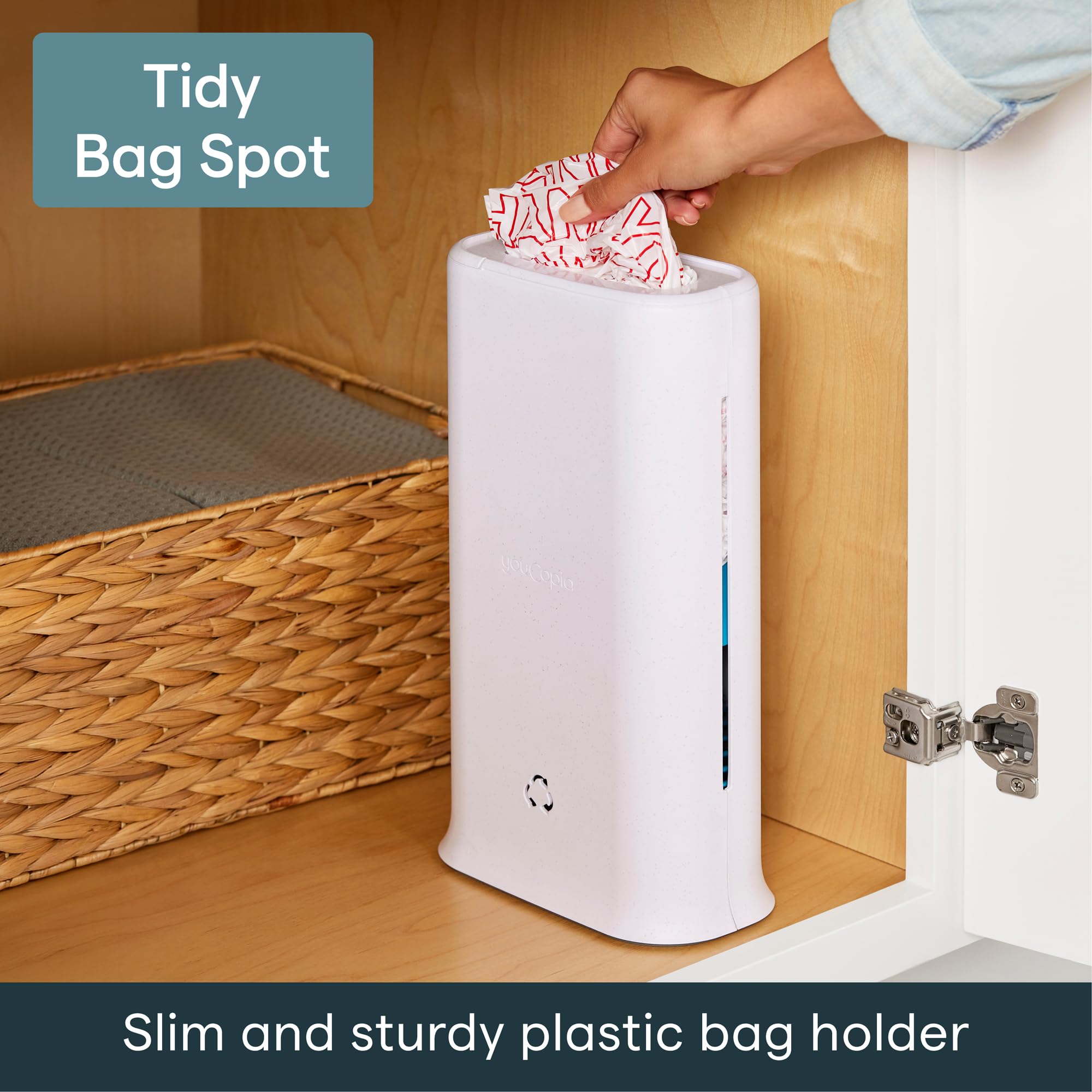 YouCopia, StoraBag, erogatore per sacchetti di plastica salvaspazio, contenitore per mobile da cucina o dispensa, misura unica, bianco punteggiato