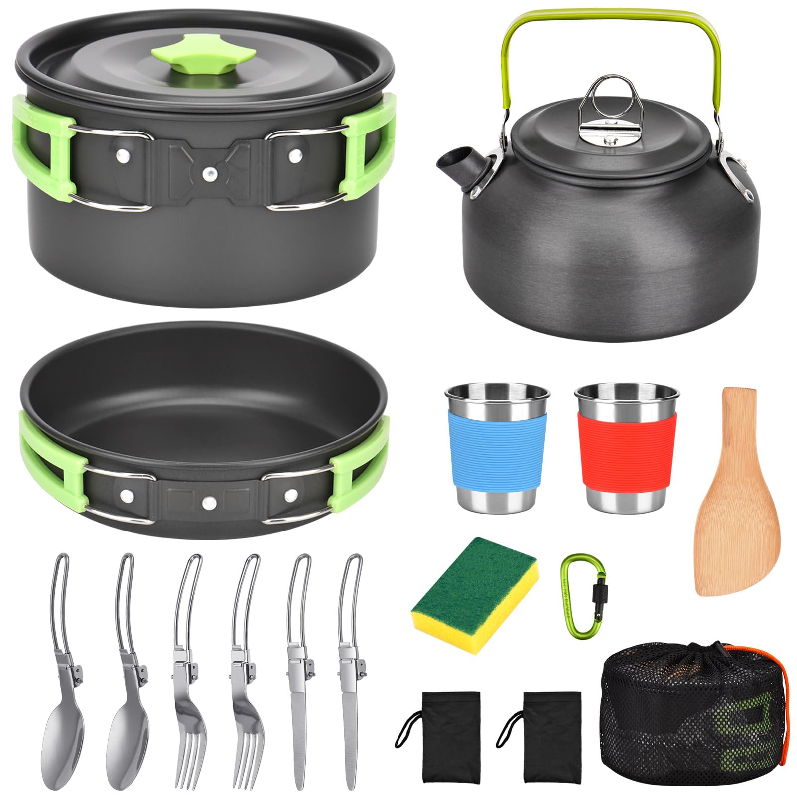 Juego de vajilla de camping, 17 piezas, juego de cocina para exteriores, para mochilero, senderismo, senderismo, picnic, pesca, montañismo (2 a 3 personas)