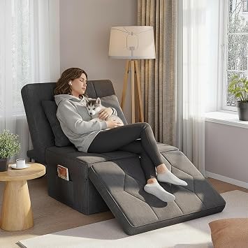 Single Sofa Bed, 4-in-1 Convertible Sleeper Chair with Adjustable Backrest | 5-Level Chair Bed with Pockets and Pillow, Foldable Pull Out Sofa for Living Room Bedroom Guest Room, Dark Grey