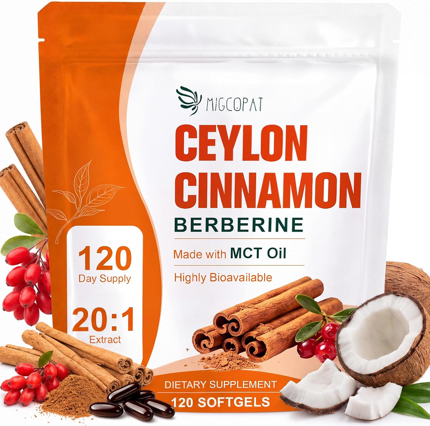 Migcopat 120 Day Supply Ceylon Cinnamon Capsules with Berberine & MCT Oil