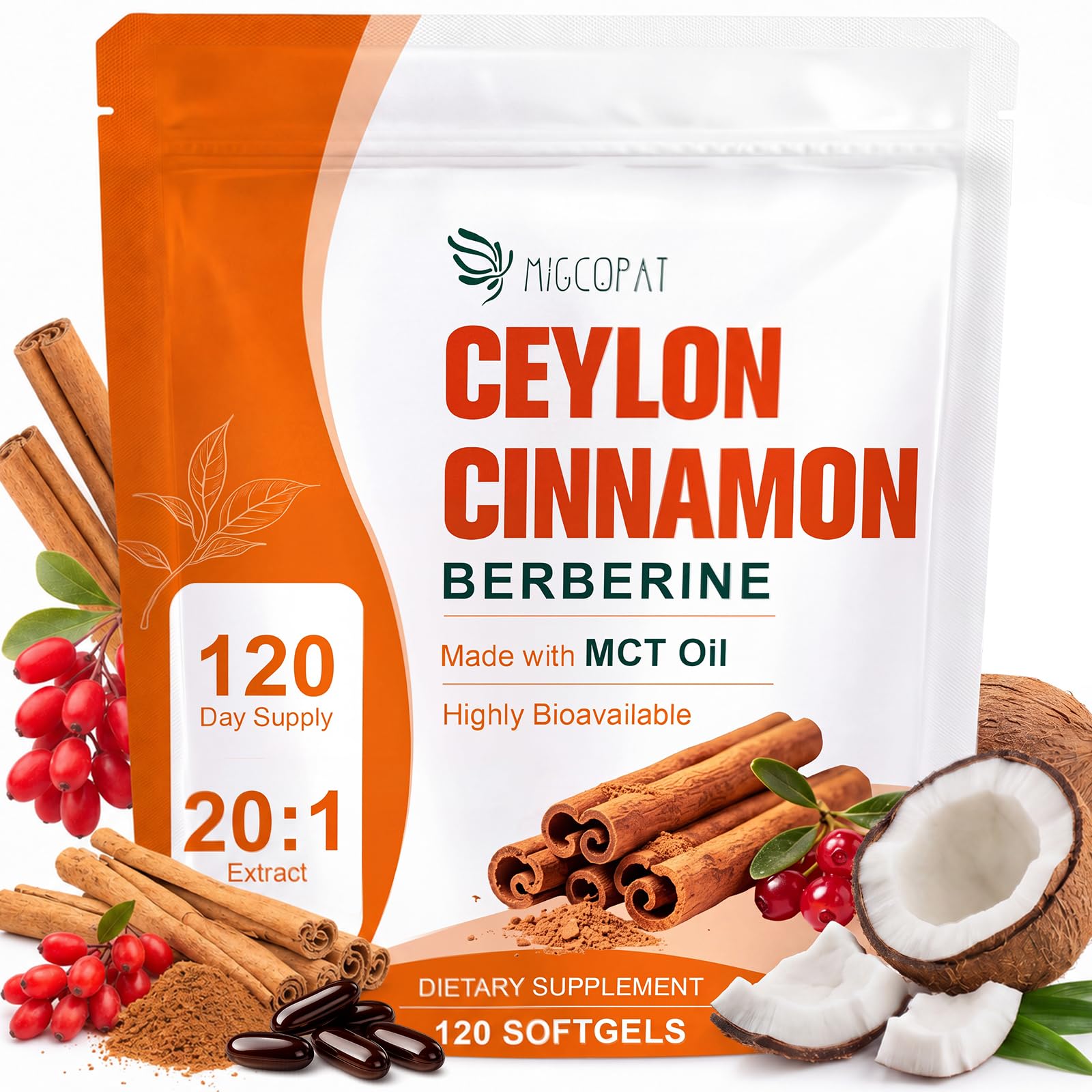 Migcopat 120 Day Supply Ceylon Cinnamon Capsules with Berberine & MCT Oil