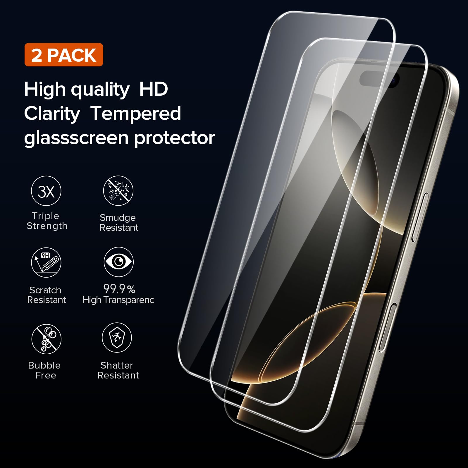 iVoler Cover Chiaro per iPhone 16 Pro con 2 Pezzi Pellicola Vetro Temperato, [Antiurto di Grado Militare][Protezione Fotocamera] Custodia Trasparente Sottile Anti-Ingiallimento Case - Titanio