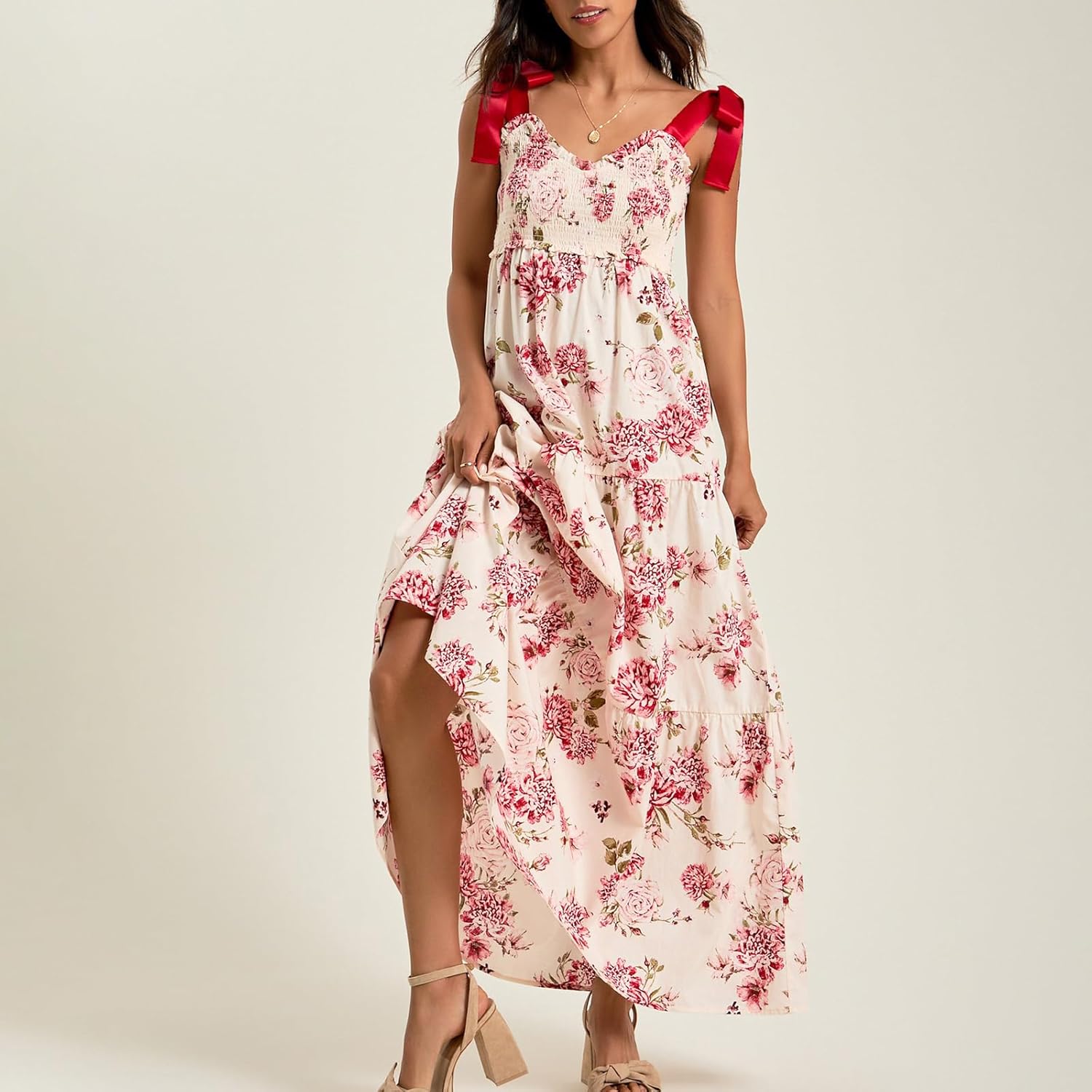 Women Y2k Boho Maxi Dress Tie Shoulder Backless Strappy Tiered Flowy Dress 2024 Summer Floral Beach Sundress - Image 2