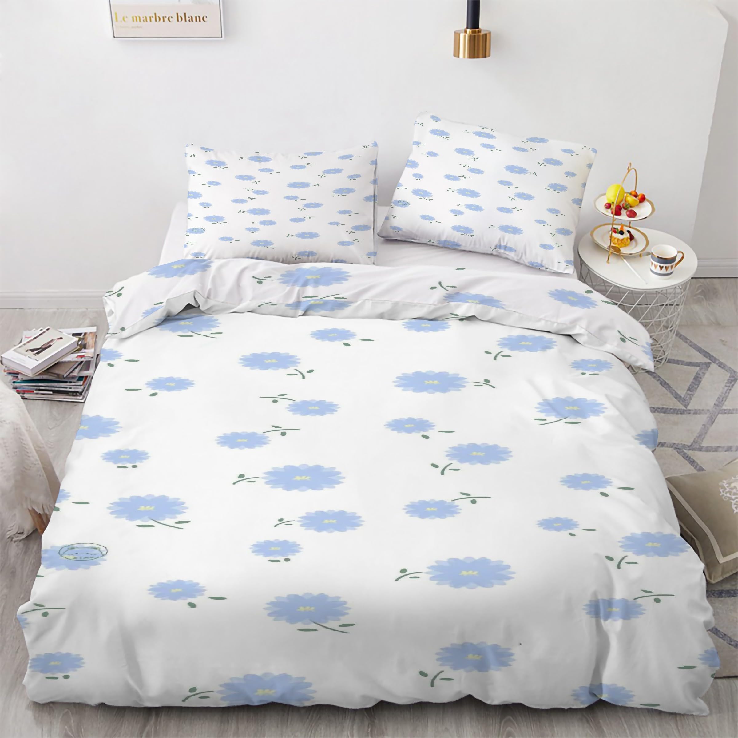Housse de Couette 200x200 Bleu Imprimé Parure de Lit Microfibre 1 Personne Zip