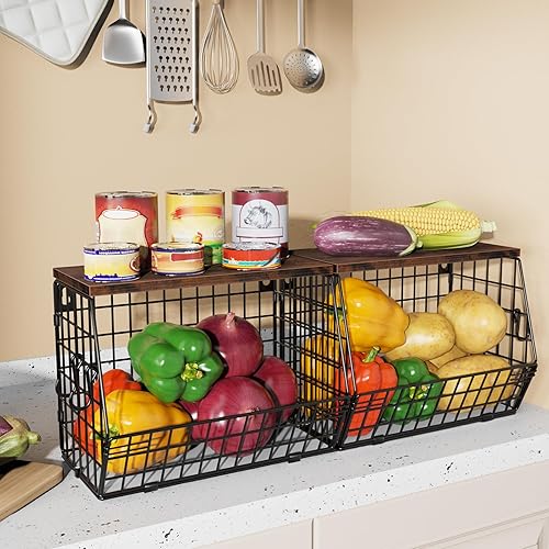 Miniatura 7 de Frutero, cesta de frutas apilable montada en la pared con tapa de madera lisa con 4 ganchos para colgar plátanos, organizador de encimera de cocina