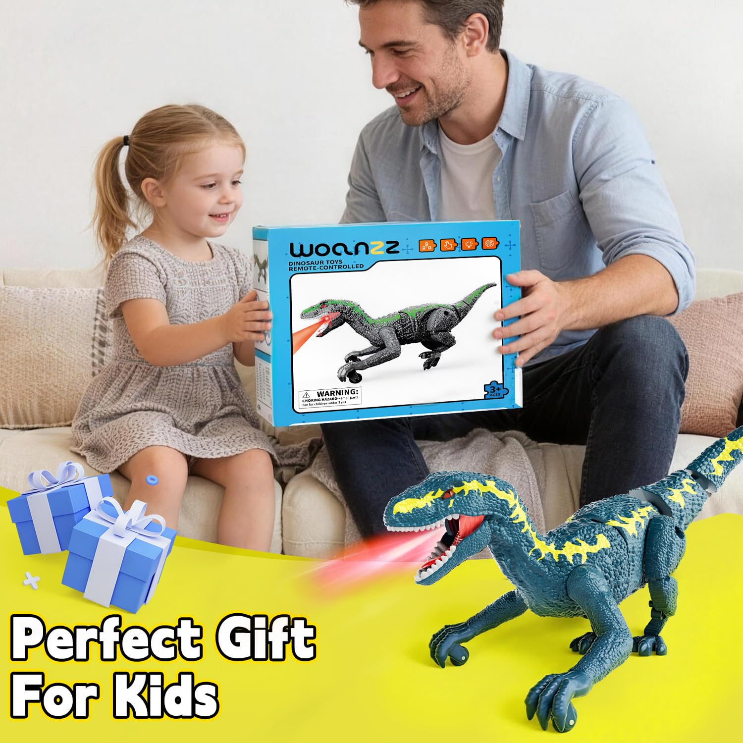 Dinosaurio Teledirigido para Niños 3+, RC Dinosaurio Caminante Recargable 2,4 GHz con Ojos 3D y 3 Sonidos, Juguete Animal Prehistórico Interactivo para Niños y Niñas 3+ (Azul)