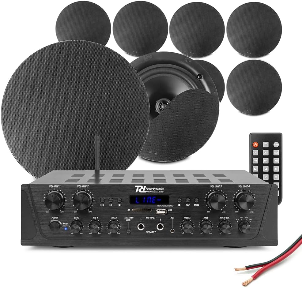 Power Dynamics 4-Zone Multi Room Ceiling Speaker System PV240BT Bluetooth Amplifier with 8x NCSS8B Speakers – Home Audio Installation Kit
