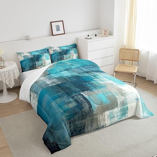 Miniatura 4 de Erosebridal Juego de edredón turquesa y gris, tamaño King, relleno de edredón degradado verde azulado grunge para adultos, cálido, juego de ropa de