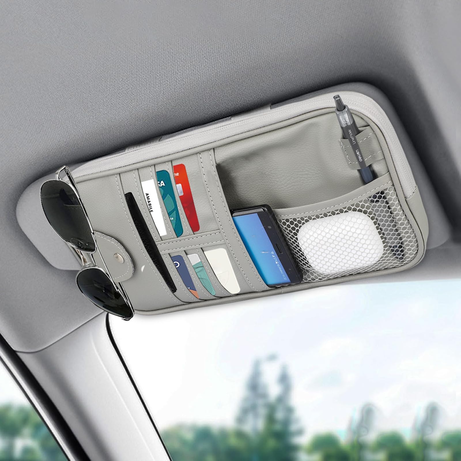 Organiseur Pare-soleil Voiture - Pochette Rangement Avec Velcro - Pour Cartes, Lunettes, Stylos - Noir