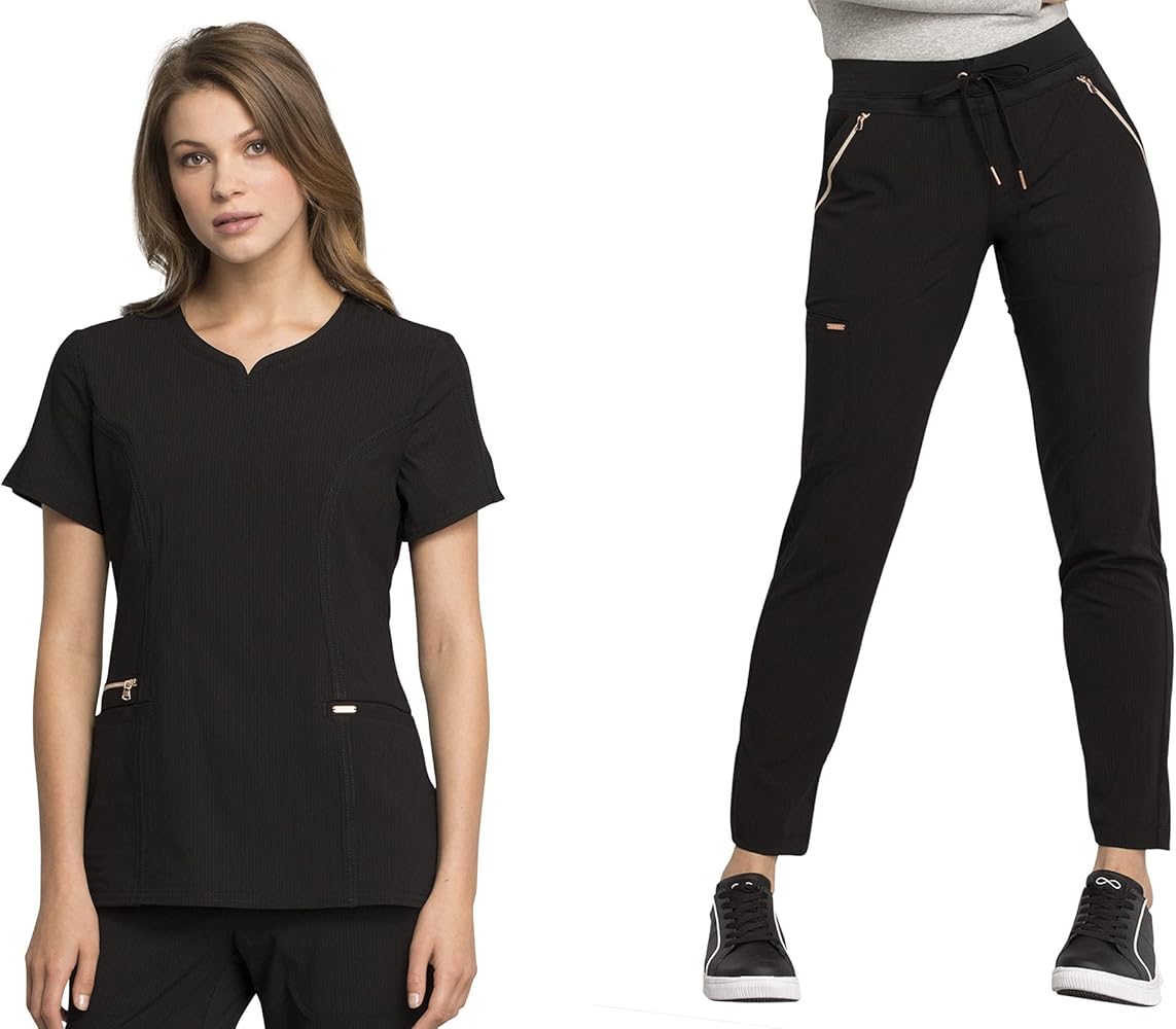 Amazon.com: Cherokee Statement Women Scrubs Set Ck695 Ribbed V-Neck Top &  Ck055p Mid Rise Tapered Leg Drawstring Pant, Black- Xs Top/Xxs Petite Pant  : Clothing, Shoes & Jewelry