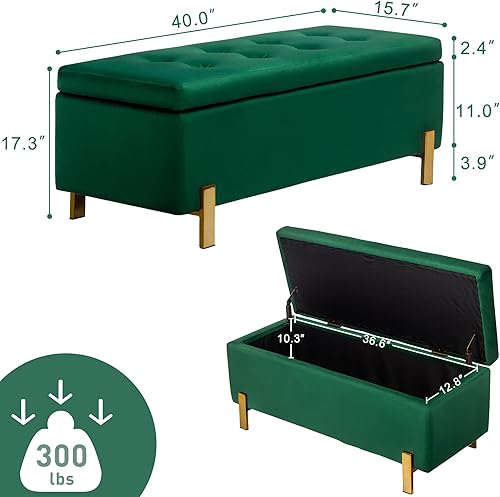 Miniatura 2 de Comfy to go Banco de almacenamiento de terciopelo, otomano tapizado con patas doradas, banco acolchado para el extremo de la cama, para sala de