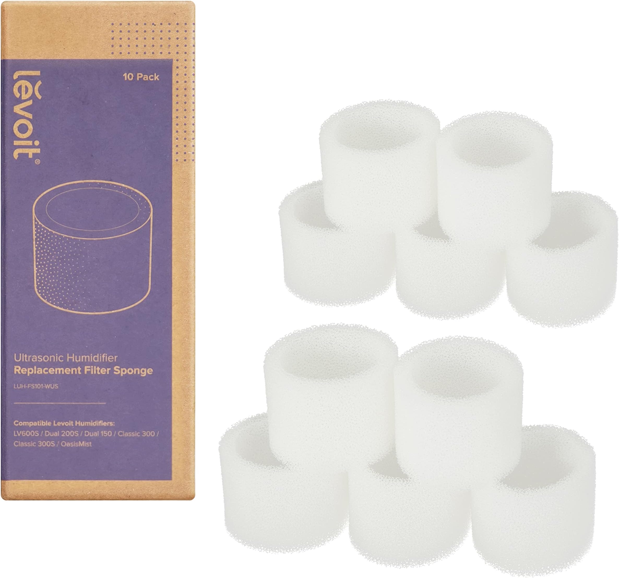 Levoit 10-Pack Humidifier Replacement Filters Capture Fine Particles in Water Tank to Improve Humidification Efficiency, Compatible with Classic 160, Dual150, Dual200S, LV600S, 10 Pack, White