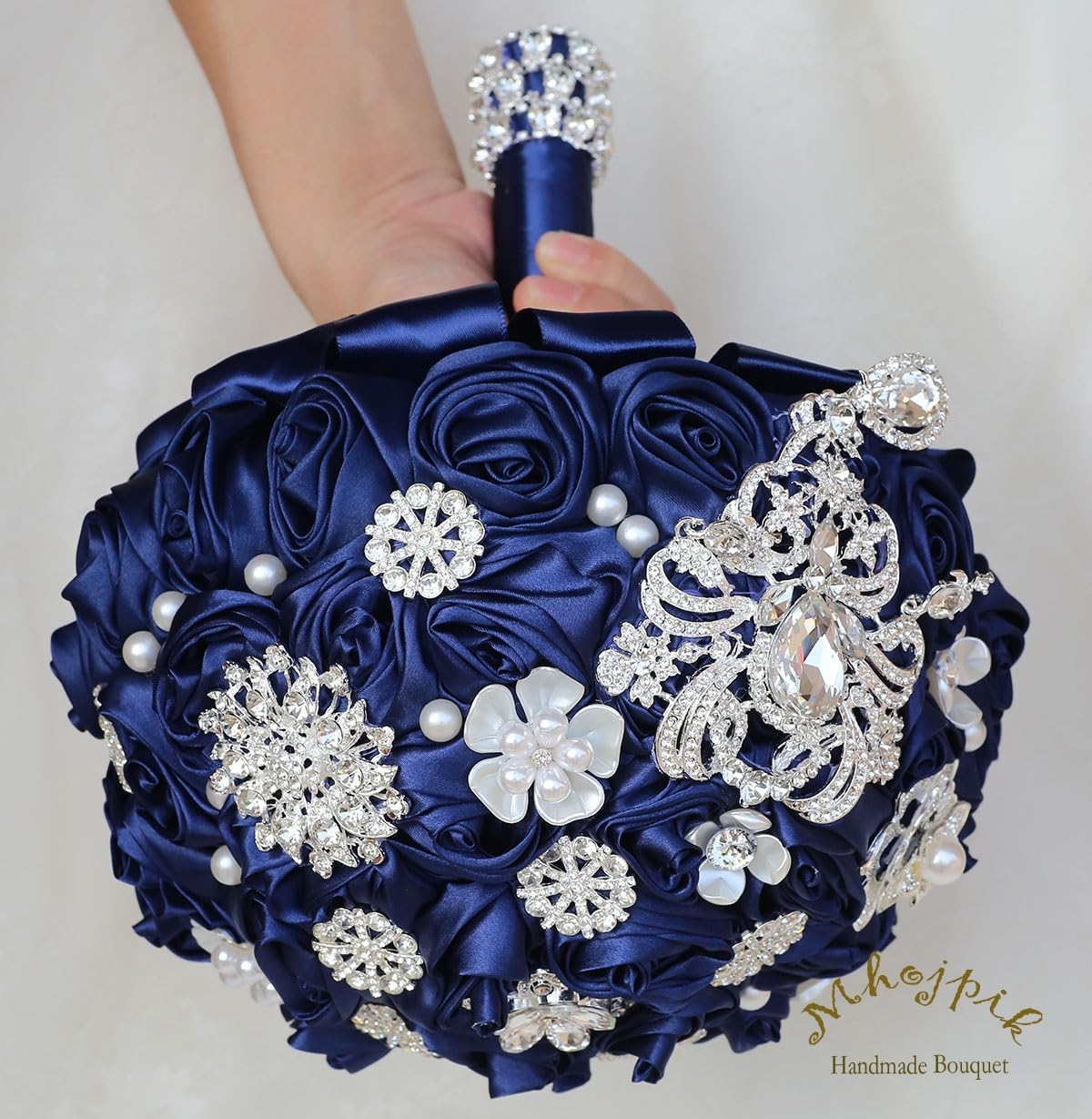 Bridal Wedding Bouquet Round Bling Brooch Bouquet Artificial Rose Flower Bunch for Bride Bridesmaid Wedding Quinceanera(Navy Blue, 7.5")