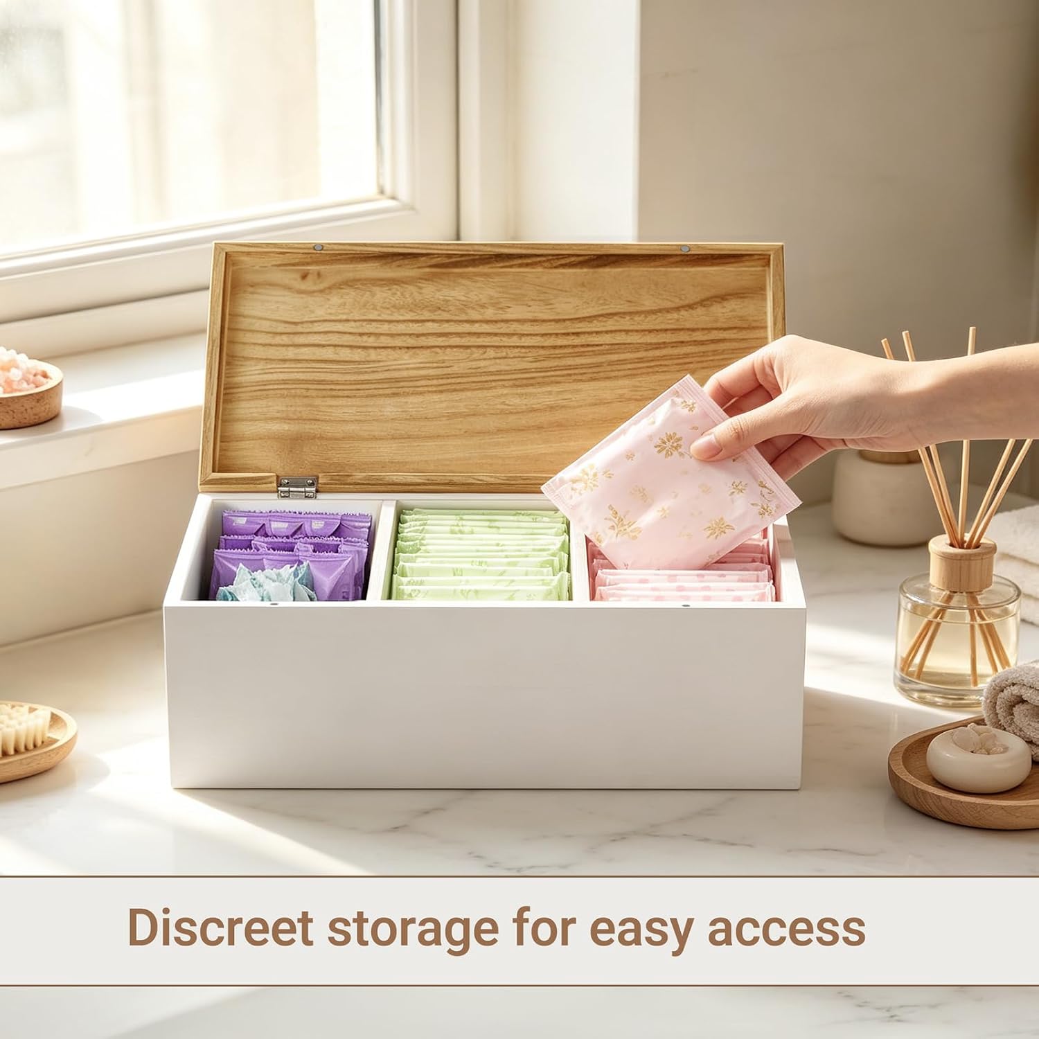 Mkono Tampon Holder for Bathroom, Wood Lidded Storage Decor Girl Stuff Box | Feminine Product Organizer, 2 Removable Dividers, Wood Basket with lid, Sanitary Pad Holder, Bathroom Bedroom Vanity Shelf