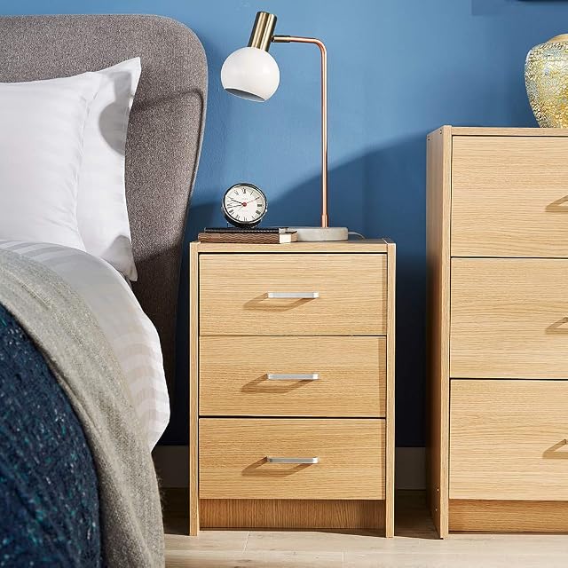 Home Source Bedside Table Oak 3 Drawer Bedside Cabinet Night Stand Metal Runners